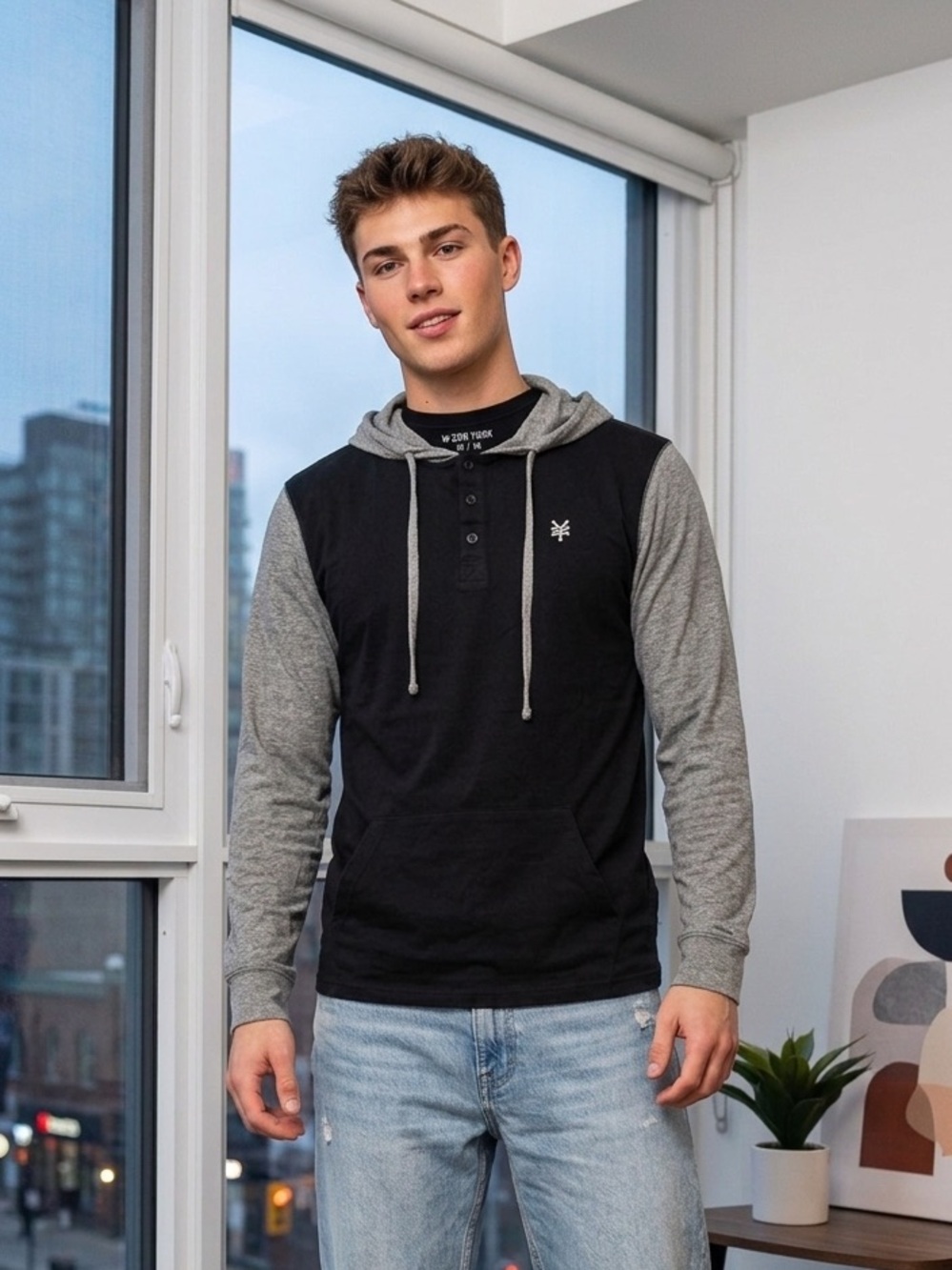 Zoo York Black Hoodie Henley with Gray Sleeves 3 quarter buttons men’s medium